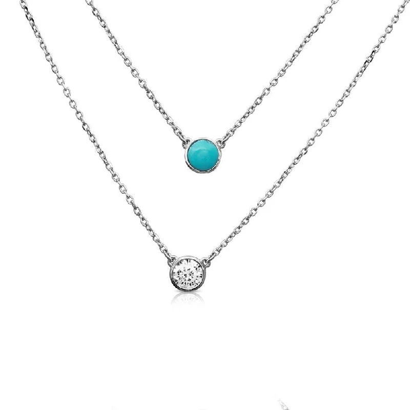 Necklaces and pendants with clear quartz for a pure and radiant look-Rhodium Plated 925 Sterling Silver 2 Stranded Necklace with Turquoise and CZ - BGP01167