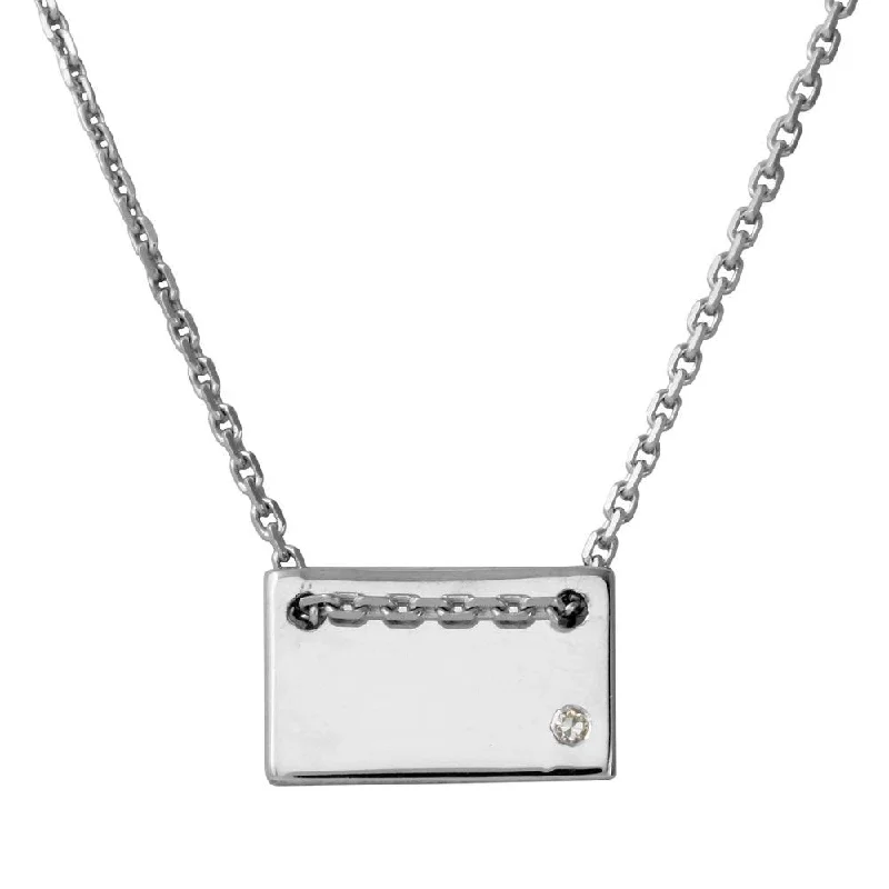 Personalized necklaces and pendants with name engravings for a custom touch-Rhodium Plated 925 Sterling Silver Engravable Small Rectangle Shaped Necklace with CZ - DIN00077RH