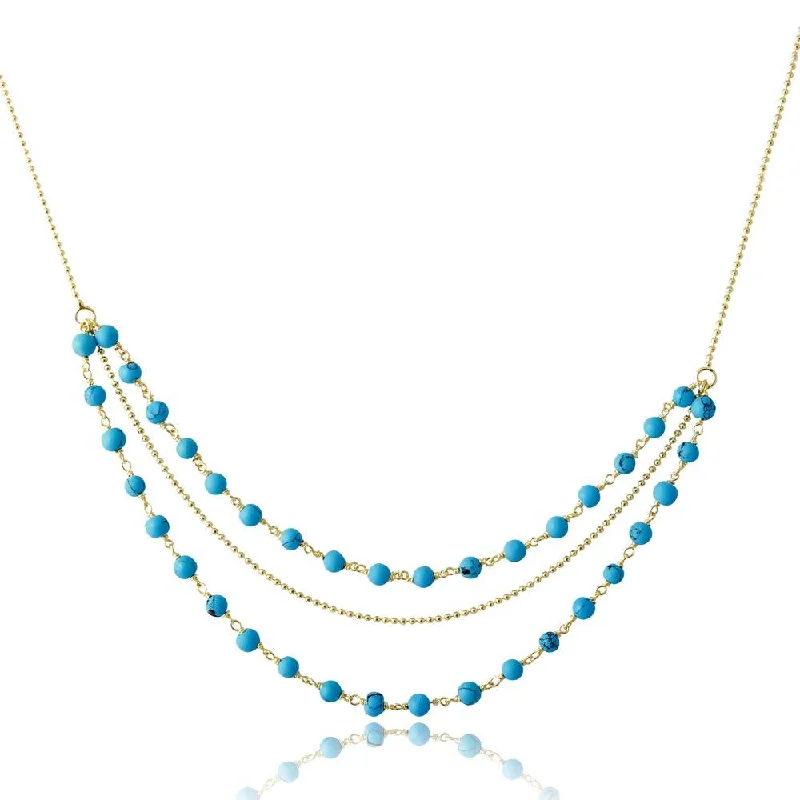 Personalized necklaces and pendants with name engravings for a custom touch-Gold Plated 925 Sterling Silver Triple Strand Turquoise Bead Necklace - DIN00071GP