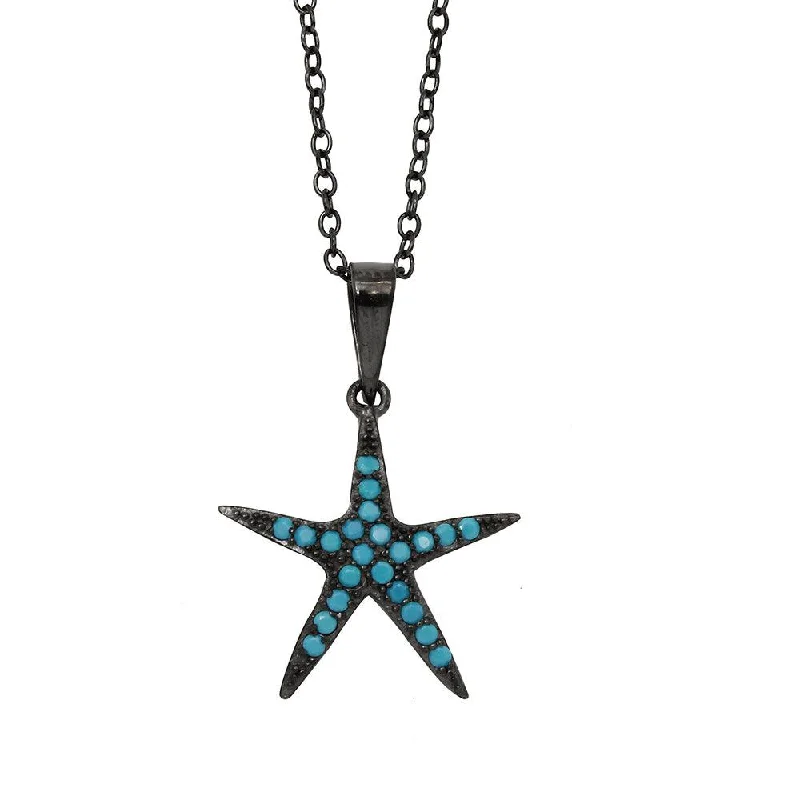 Elegant necklaces and pendants with onyx stones for a sleek, polished look-Black Rhodium Plated 925 Sterling Silver Starfish Turquoise Stone Necklace - BGP01151