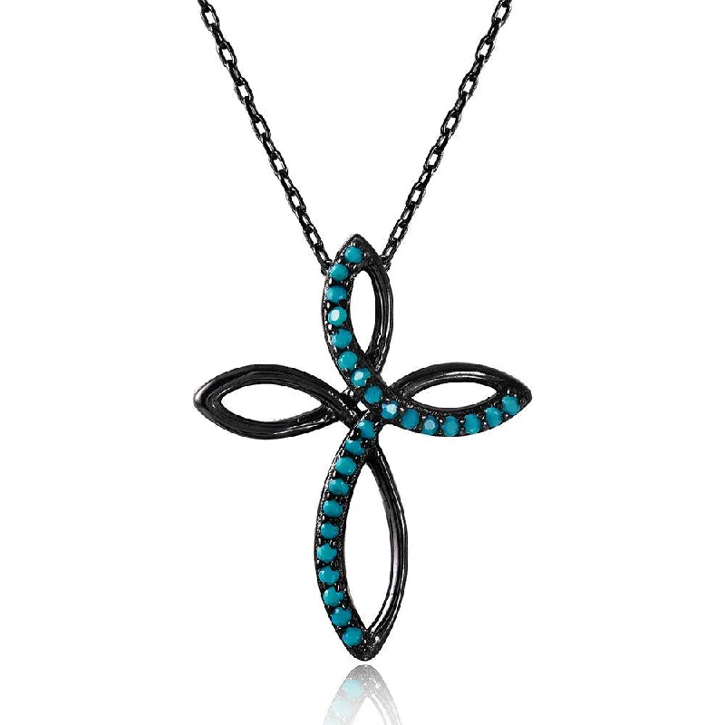 Personalized necklaces and pendants with coordinates for a meaningful location-based gift-Silver 925 Black Rhodium Plated Open Cross Necklace with Synthetic Turquoise Stones - STP01509