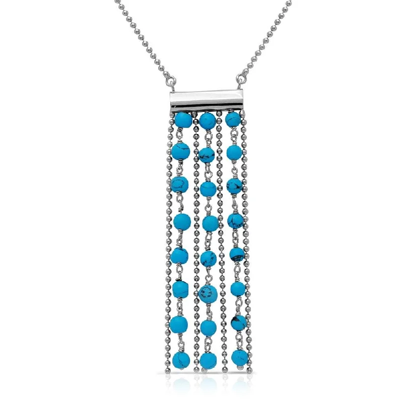 Unique necklaces and pendants with tree of life motifs for nature-inspired elegance-Rhodium Plated 925 Sterling Silver Bead Chain Necklace with Dropped Turquoise Beads - DIN00069RH-TQ