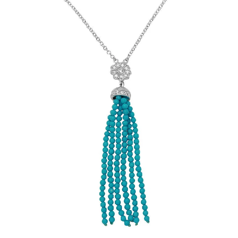 Best necklaces and pendants with silver chains for a sleek, timeless look-Rhodium Plated 925 Sterling Silver Flower Centered Turquoise Beads Strands Necklace - BGP01147