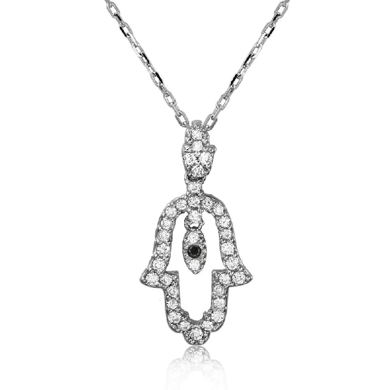 Unique necklaces and pendants with vintage-inspired designs for timeless appeal-Silver 925 Rhodium Plated Open Hamsa CZ Necklace - GMP00004-BLACK