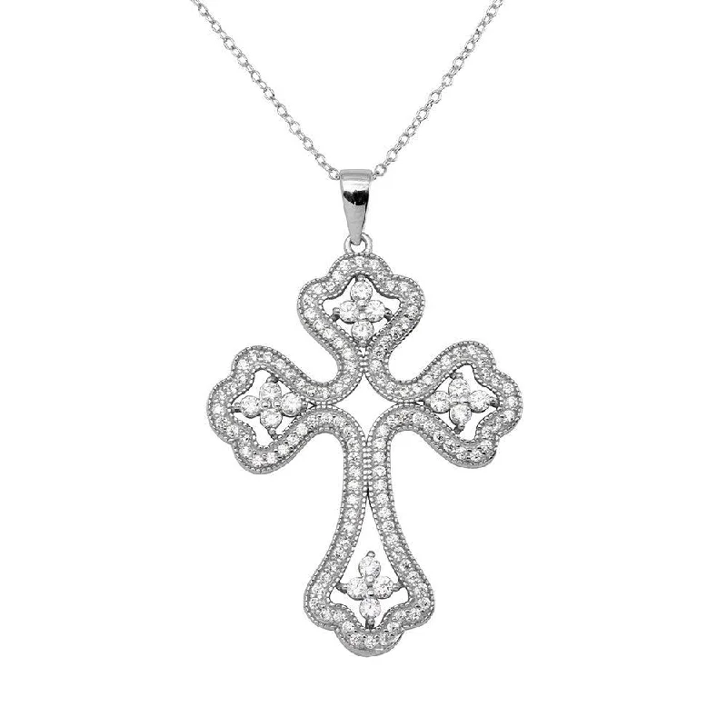 Beautiful necklaces and pendants with geometric shapes for a modern, artistic design-Rhodium Plated 925 Sterling Silver CZ Encrusted Open Cross Necklace - BGP01141CLR