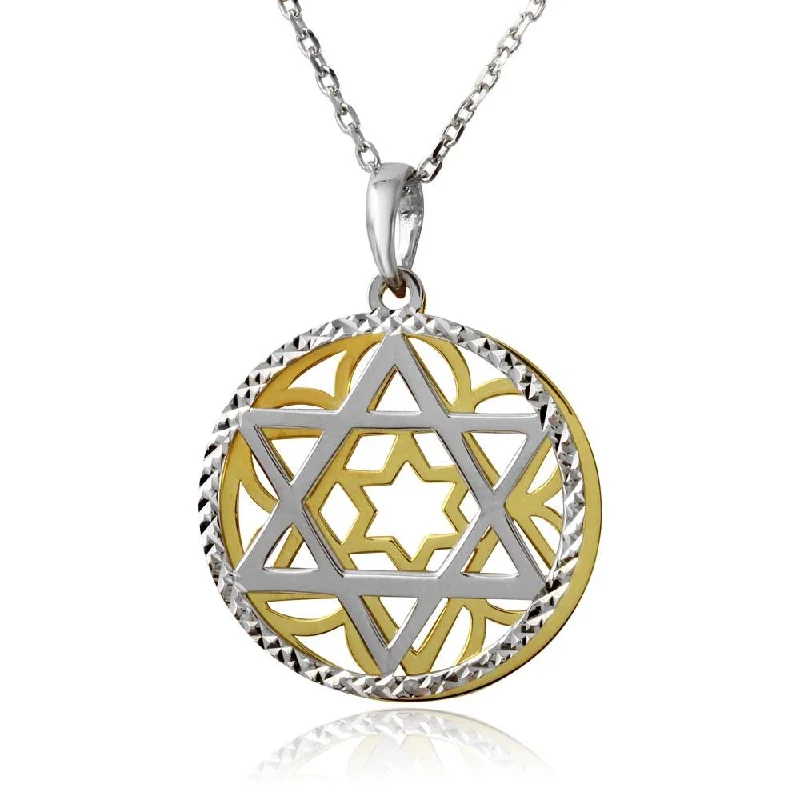 Layered necklaces and pendants for a trendy and fashionable stacked look-Gold and Rhodium Plated 925 Sterling Silver Star of David Medallion Necklace - SOP00009