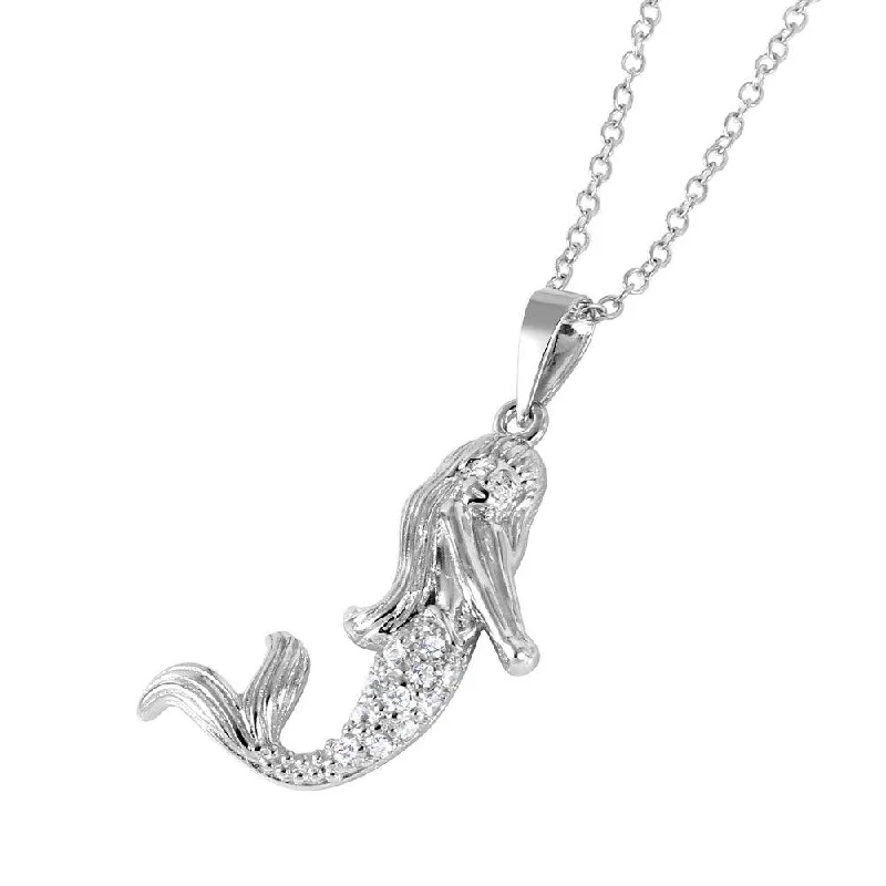 Necklaces and pendants with diamond pendants for a luxurious sparkling effect-Silver 925 Rhodium Plated CZ Mermaid Charm Necklace - BGP01037