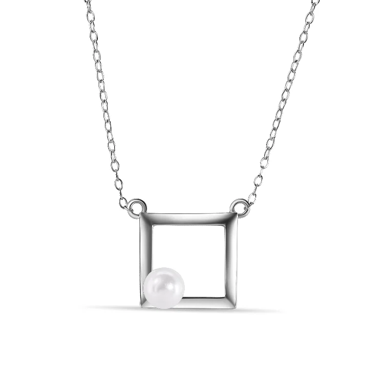 Simple necklaces and pendants with tiny charms for a delicate and casual vibe-Silver 925 Rhodium Plated Open Square Fresh Water Pearl Necklace - STP01491