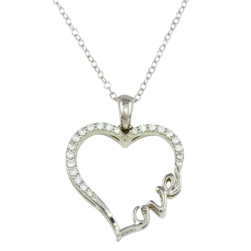 Best necklaces and pendants with glowing moonstone for an ethereal glow-Rhodium Plated 925 Sterling Silver Heart and Love Word Necklace with CZ - STP01596