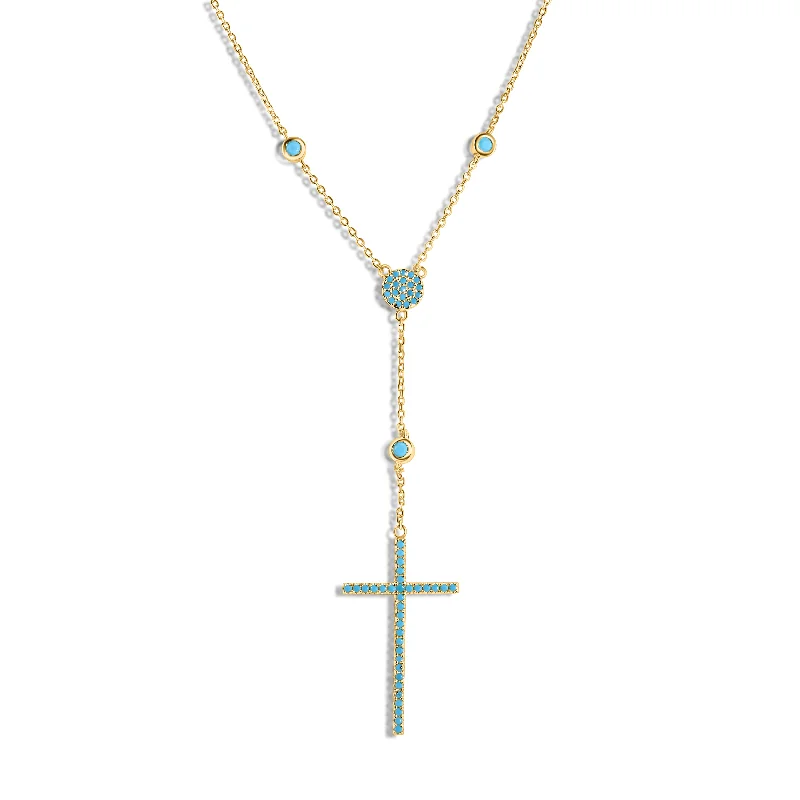 Best necklaces and pendants with seashell designs for a tropical, beachy vibe-Silver 925 Gold Plated Cross Necklace with Synthetic Turquoise Stones - STP01513GP