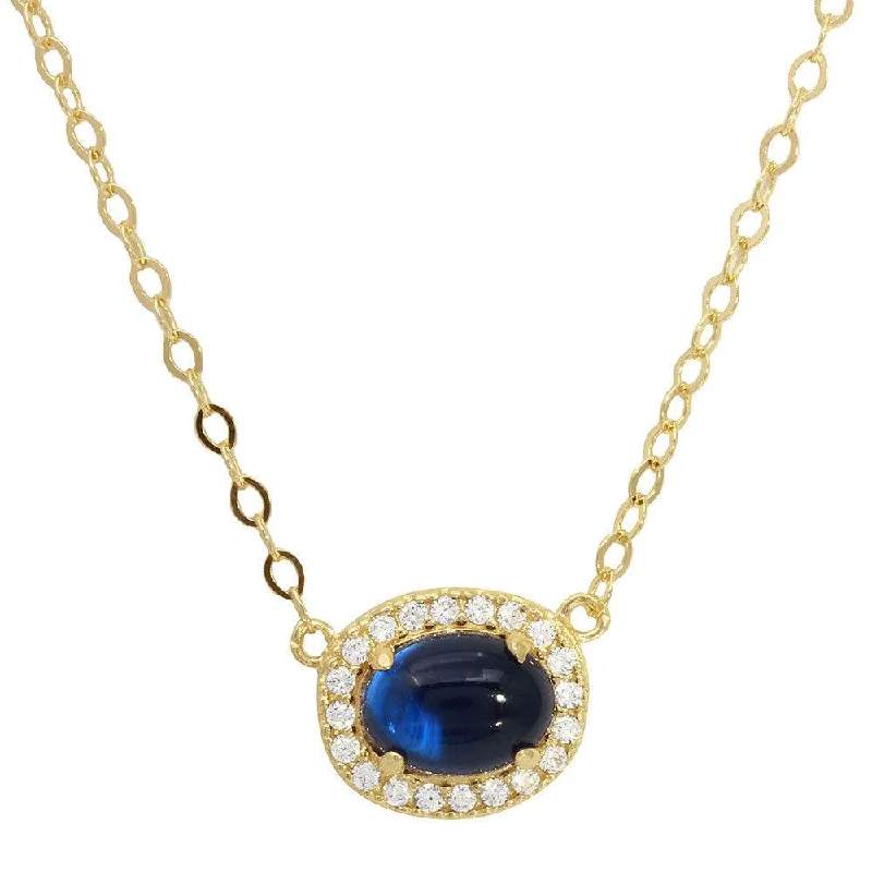 Beautiful necklaces and pendants with diamond-encrusted designs for maximum sparkle-Gold Plated 925 Sterling Silver Oval Halo CZ Pendant Blue Center Stone Necklace - GMN00022GP-SEP