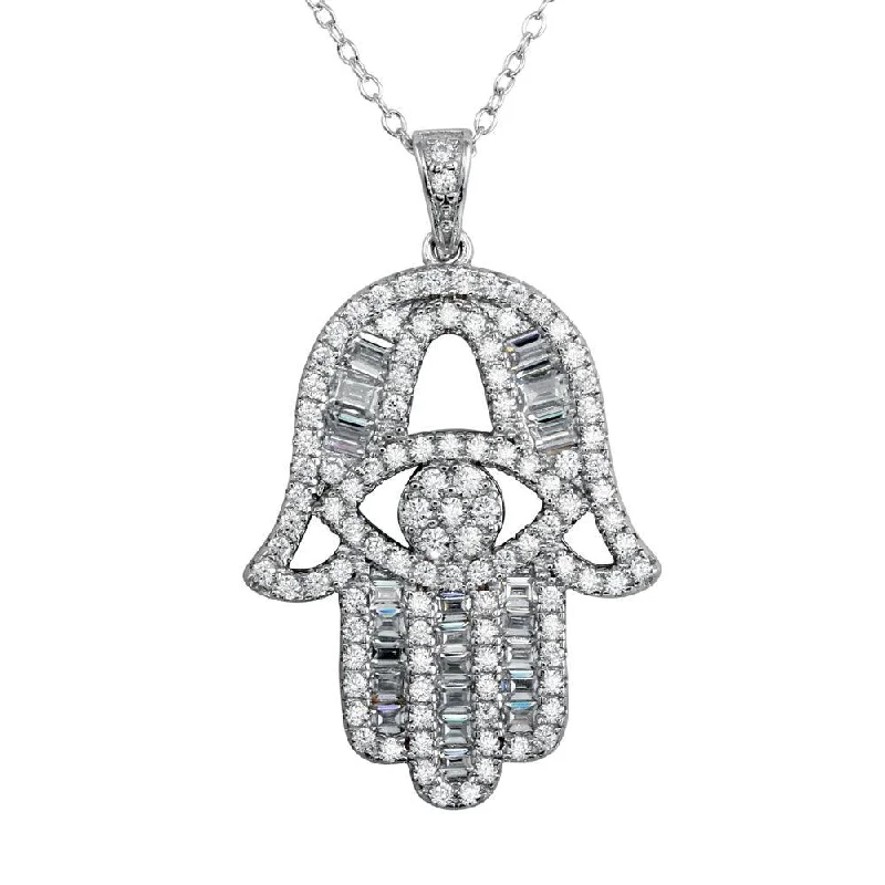 Elegant necklaces and pendants with diamond accents for added sparkle-Rhodium Plated 925 Sterling Silver CZ Encrusted Hamsa Hand Necklace - BGP01191