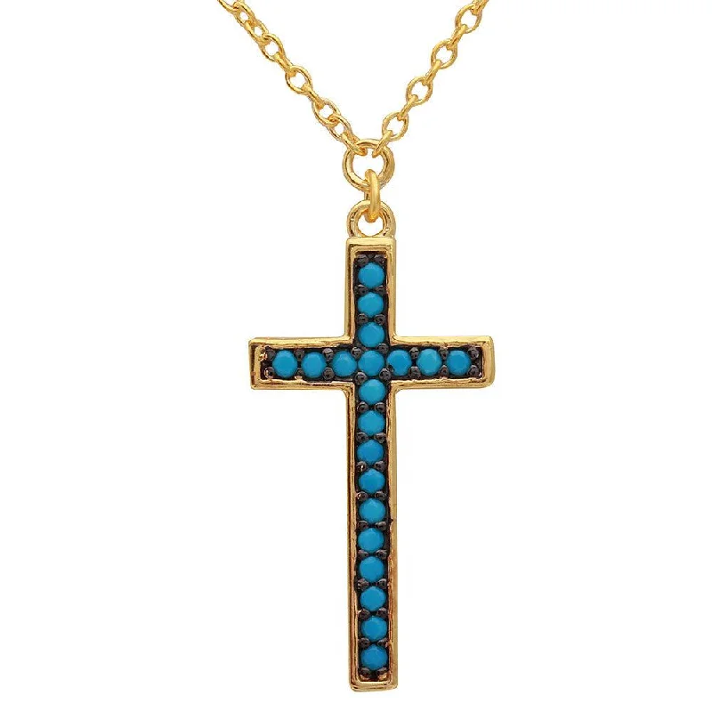 Necklaces and pendants with infinity love symbols for an eternal, romantic gesture-Silver 925 Gold Plated Turquoise Stone Cross Necklace - BGP01109