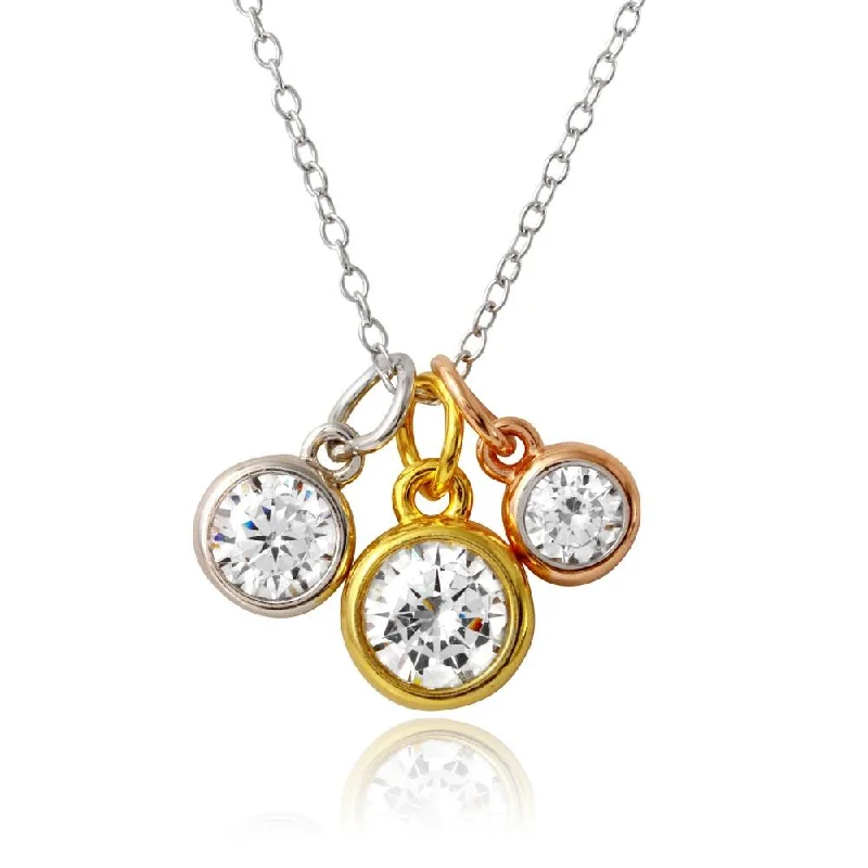 Unique necklaces and pendants with tree of life motifs for nature-inspired elegance-Three-Tone 925 Sterling Silver Plated Three Round CZ Necklace - STP01573TRI