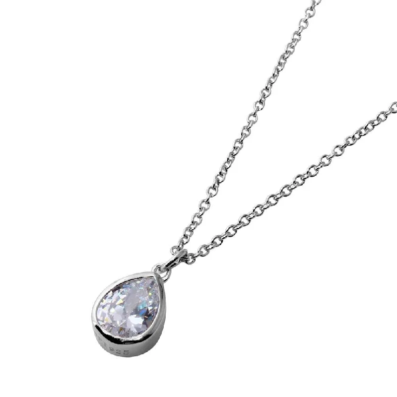 Necklaces and pendants with zodiac constellation designs for an astrological touch-Rhodium Plated 925 Sterling Silver Collar with Dropped Clear Pear CZ Necklace - STP01581RH