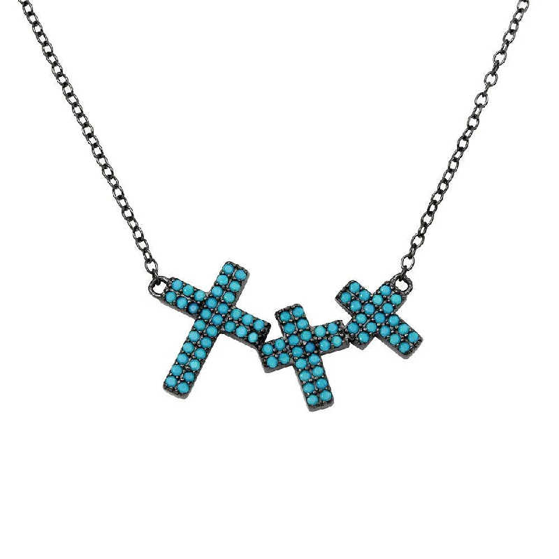 Stunning necklaces and pendants with chakra stones for healing and balance-Black Rhodium Plated 925 Sterling Silver Side By Side 3 Crosses Turquoise Stones Necklace - STP01548BLK