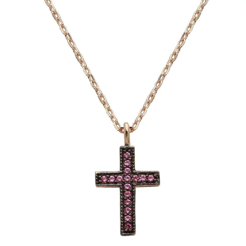 Elegant necklaces and pendants with infinity symbols for timeless designs-Rose Gold Plated 925 Sterling Silver Pink CZ Cross Necklace - STP01539RGP