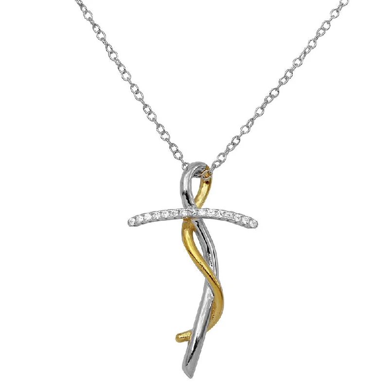 Necklaces and pendants with personalized charms for a custom piece of jewelry-Two-Tone 925 Sterling Silver Twisted CZ Cross Necklace - BGP01154