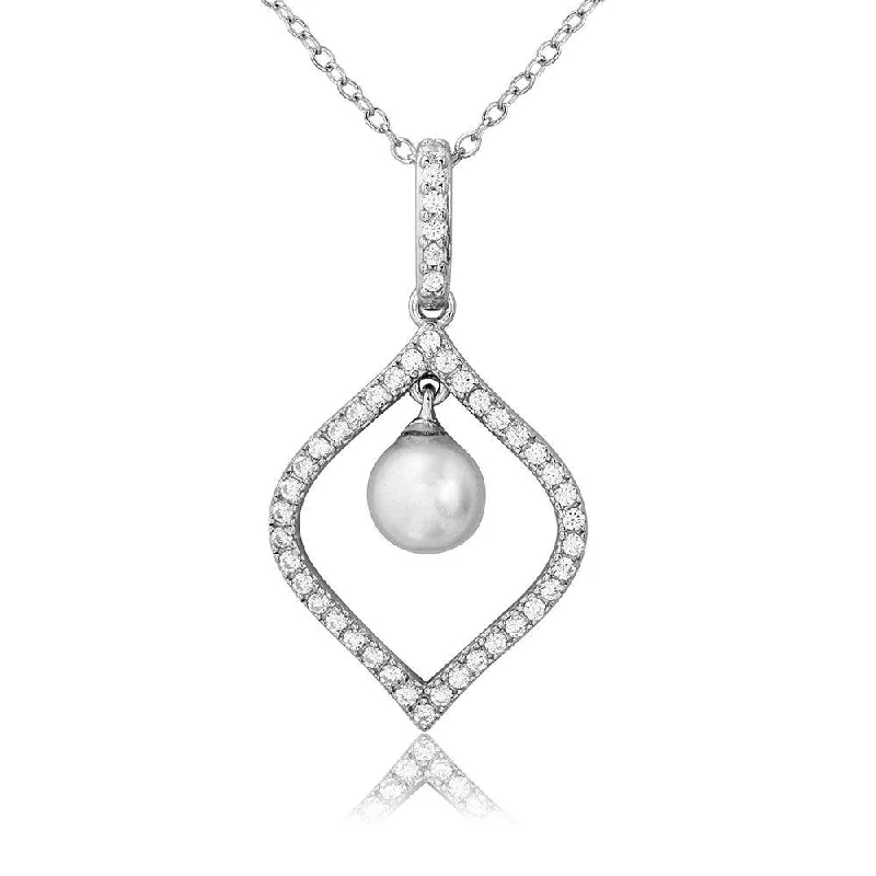 Best necklaces and pendants with vintage lockets for a nostalgic, sentimental look-Silver 925 Rhodium Plated CZ Open Drop with Dangling Synthetic Pearl Necklace - BGP01099