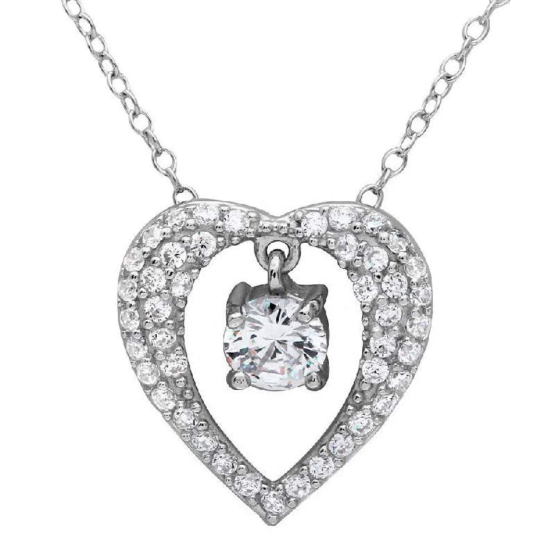 Beautiful necklaces and pendants with diamond-encrusted designs for maximum sparkle-Silver 925 Rhodium Plated Open Heart Necklace with Hanging Stone - BGP01121