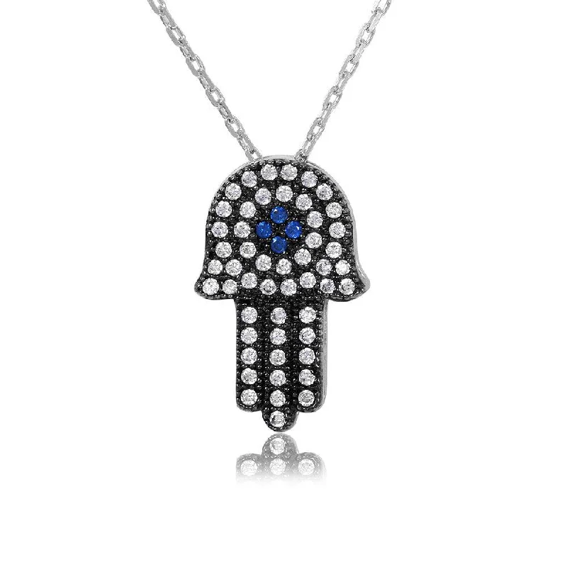 Best necklaces and pendants with matching rings for a coordinated jewelry set-Silver 925 Rhodium Plated Black CZ Hamsa Necklace - GMN00004B-S