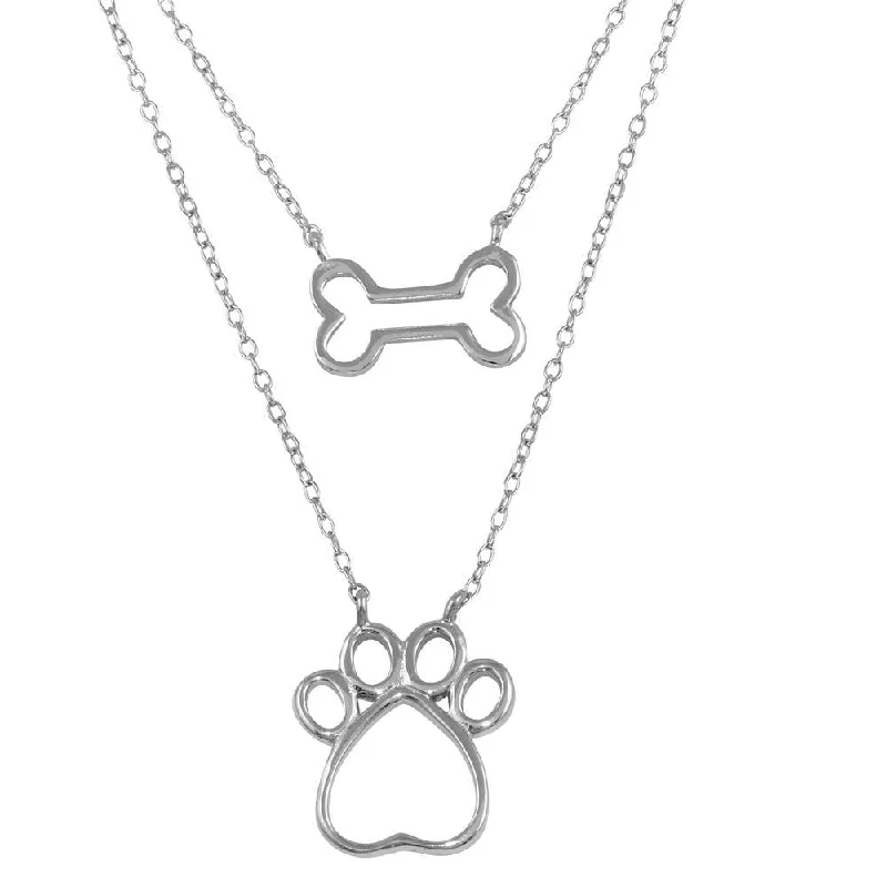 Simple necklaces and pendants with bar pendants for a sleek modern design-Rhodium Plated 925 Sterling Silver Two Piece Dog Bone and Paw Necklace - STP01603