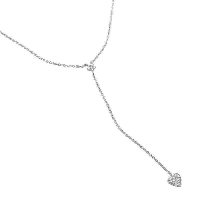 Beautiful necklaces and pendants with diamond halo settings for extra brilliance-Silver 925 Rhodium Plated Star and Heart Drop CZ Necklace - STP01520