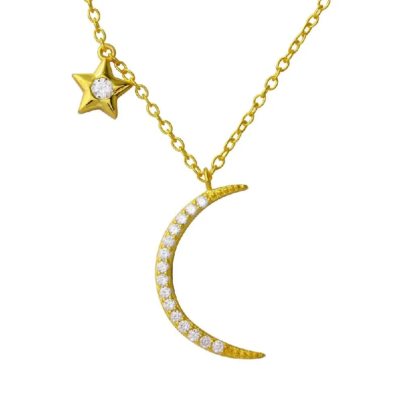 Best necklaces and pendants with art deco elements for a vintage, glamorous design-Gold Plated 925 Sterling Silver CZ Star and Crescent Moon Necklace - STP01558GP