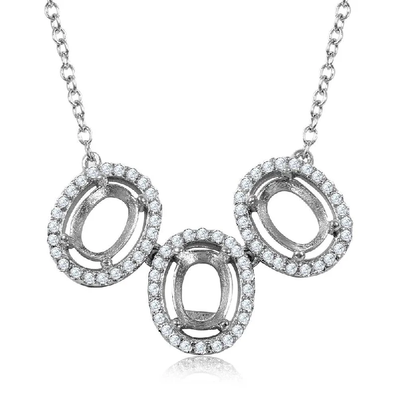 Best necklaces and pendants with intertwined designs for a symbol of unity-Silver 925 Rhodium Plated 3 Oval CZ Halo Mounting Necklace - BGP01013