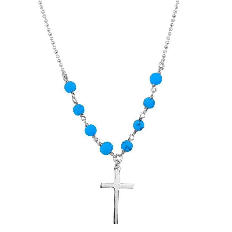 Trendy necklaces and pendants with geometric shapes for a modern aesthetic-Rhodium Plated 925 Sterling Silver Small Cross Necklace with Turquoise Beads - DIN00089RH