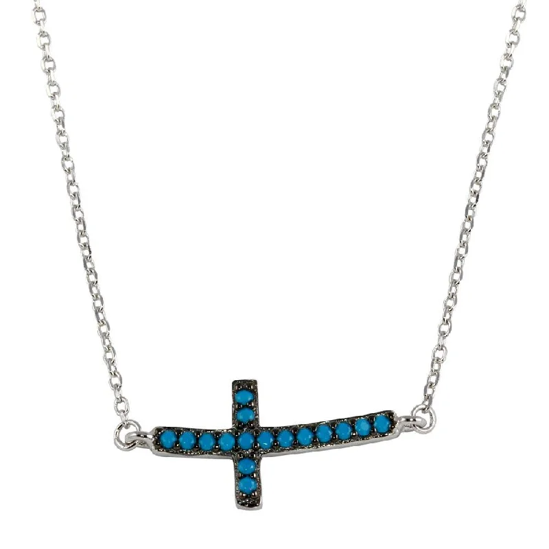 Personalized necklaces and pendants with name engravings for a custom touch-Rhodium Plated 925 Sterling Silver Horizontal Cross Necklace with Blue CZ - BGP01102