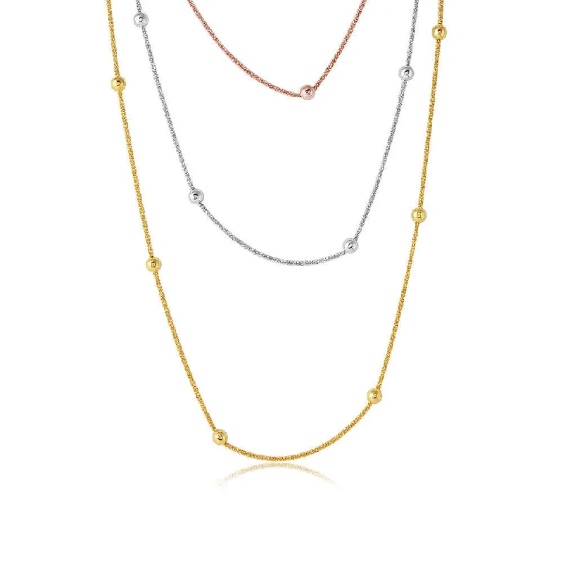 Beautiful necklaces and pendants with natural stones for an earthy, organic vibe-Silver 925 3 Toned 3 Strands Roc Chain With Bead Necklace - ARN00028TRI