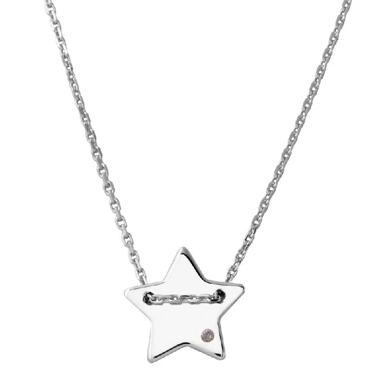 Necklaces and pendants with custom designs for a completely unique jewelry piece-Rhodium Plated 925 Sterling Silver Engravable Star Shaped Necklace with CZ - DIN00079RH