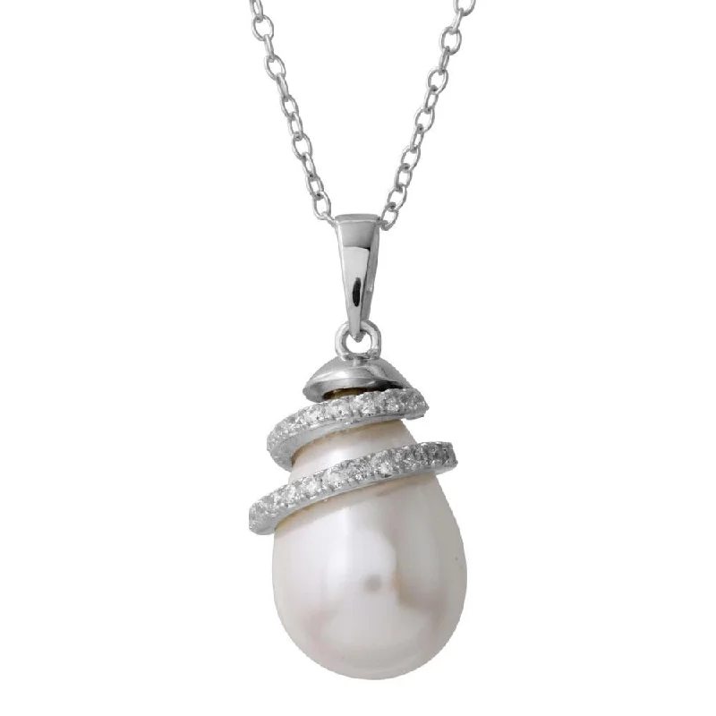 Necklaces and pendants with star-shaped designs for a whimsical, celestial touch-Rhodium Plated 925 Sterling Silver Fresh Water Pearl Necklace with Wrapped CZ - BGP01221