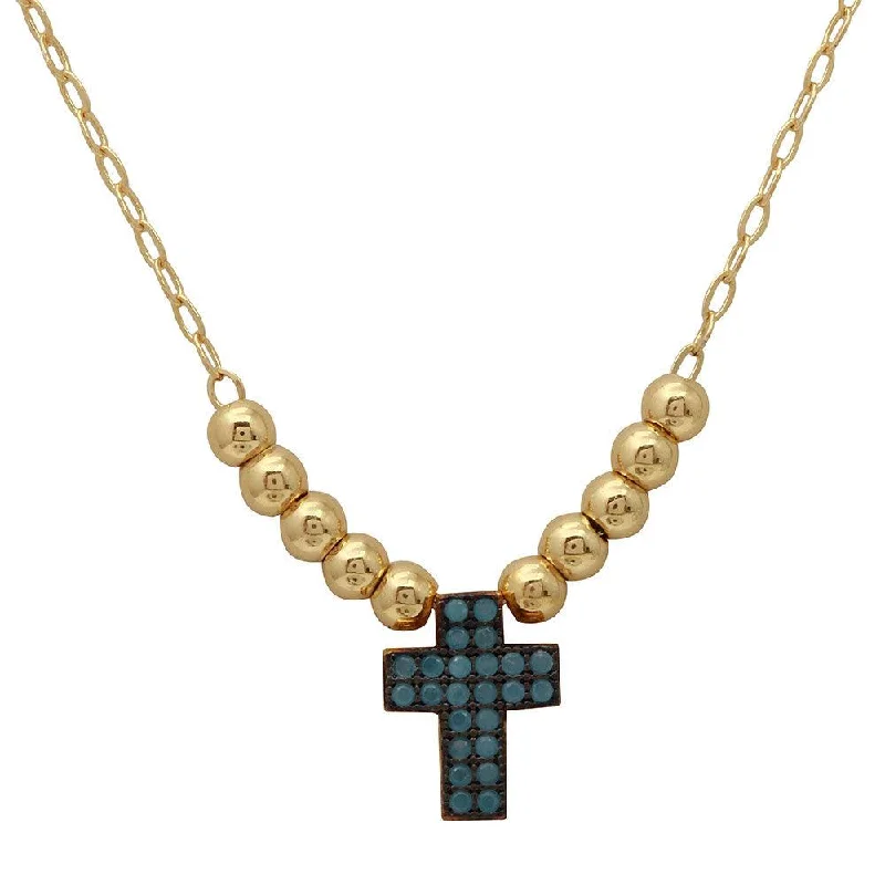 Necklaces and pendants with sun and moon motifs for a celestial-inspired design-Gold Plated 925 Sterling Silver Beaded Necklace with Turquoise Stone Cross - GMN00025GB