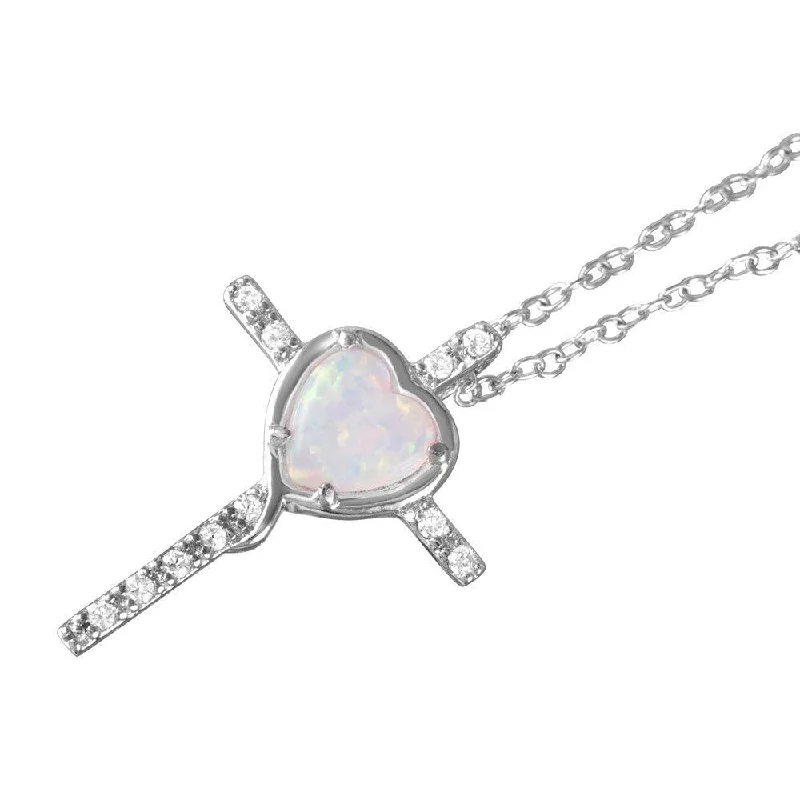 Beautiful necklaces and pendants with natural stones for an earthy, organic vibe-Silver 925 Rhodium Plated Heart Opal Clear CZ Cross Pendant Necklace - BGP01055