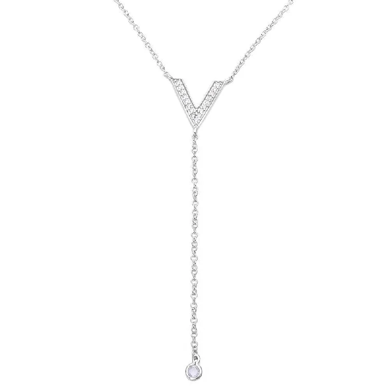 Stunning necklaces and pendants with ruby and diamond combinations for a luxurious effect-Silver 925 Rhodium Plated V Shape CZ Drop Necklace - BGP01131