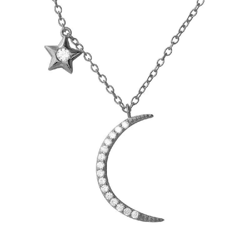 Best necklaces and pendants with silver chains for a sleek, timeless look-Rhodium Plated 925 Sterling Silver CZ Star and Crecsent Moon Necklace - STP01558RH