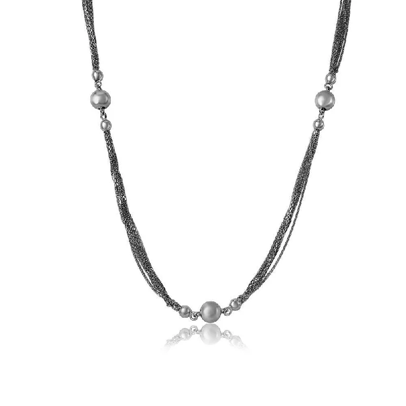 Necklaces and pendants with custom engravings for a personal, meaningful gift-Silver 925 Rhodium Plated Multi Strands Chain with Beads Necklace - DIN00034RH