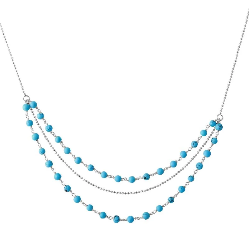 Fashionable necklaces and pendants with birthstones for a personalized gift idea-Rhodium Plated 925 Sterling Silver Triple Strand Turquoise Bead Necklace - DIN00071RH