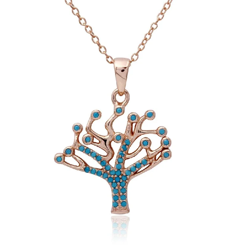 Necklaces and pendants with zodiac constellation designs for an astrological touch-Rose Gold Plated 925 Sterling Silver Turquoise Stones Tree Necklace - STP01549