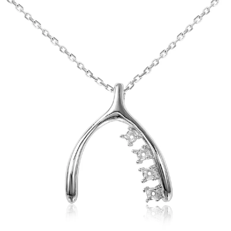 Necklaces and pendants with diamond pendants for a luxurious sparkling effect-Silver 925 Rhodium Plated Personalized Wish Bone with 4 Stone Mounting Necklace - BGP00540