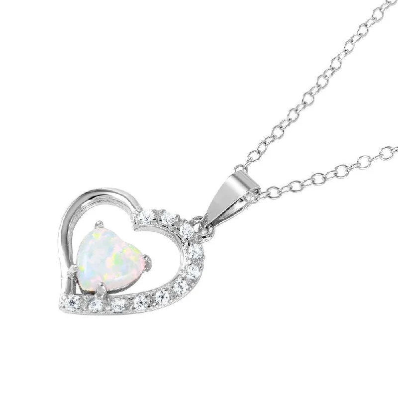 Best necklaces and pendants with floral designs for a feminine and elegant feel-Silver 925 Rhodium Plated CZ Open Heart with Heart-shaped Opal Necklace - BGP01043