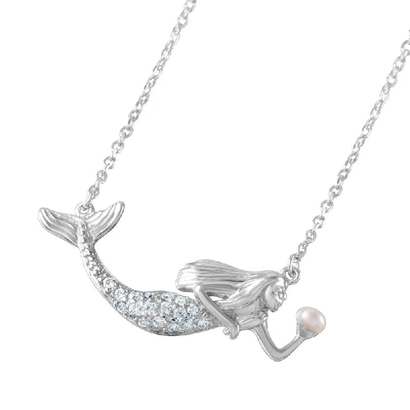 Best necklaces and pendants for everyday wear with minimalist designs-Silver 925 Rhodium Plated Clear CZ and Pearl Mermaid Necklace - BGP01046