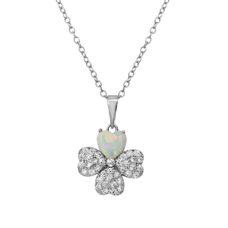 Stunning necklaces and pendants with birthstone pendants for a personal touch-Rhodium Plated 925 Sterling Silver Clover CZ and Synthetic Opal Leaf Necklace - BGP01228