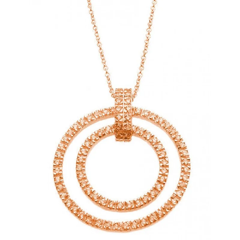 Personalized necklaces and pendants with name engravings for a custom touch-Clearance-Silver 925 Rose Gold Plated Clear CZ Double Circle Pendant Necklace - STP00920