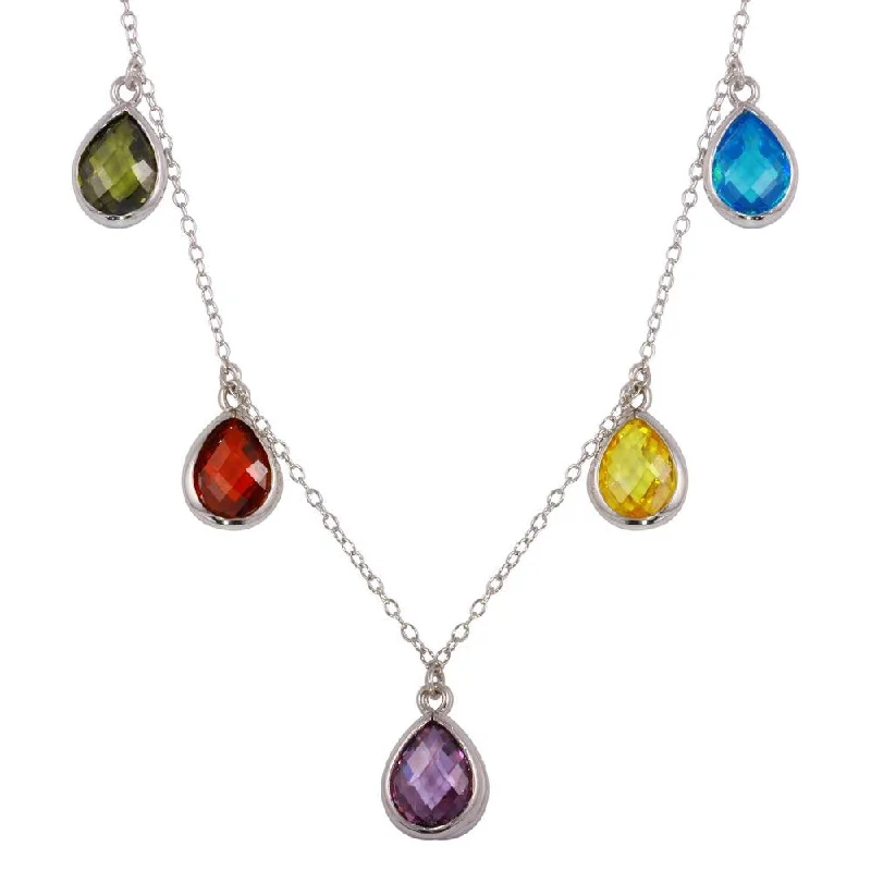 Necklaces and pendants with clear quartz for a pure and radiant look-Rhodium Plated 925 Sterling Silver Multi-Colored Teardrop Necklace - STP01605