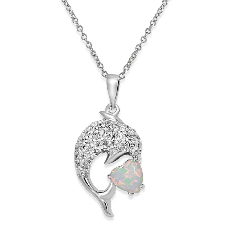 Necklaces and pendants with crescent moon designs for a celestial and mystical feel-Rhodium Plated 925 Sterling Silver CZ Dolphin Necklace with Synthetic Opal - BGP01074WHT