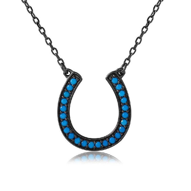 Unique necklaces and pendants with artistic shapes for a creative, one-of-a-kind design-Silver 925 Black Rhodium Plated Turquoise Stone Horse Shoe Necklace - BGP01113