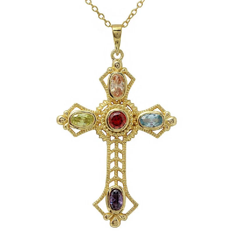 Necklaces and pendants with abstract shapes for a modern, creative appearance-Gold Plated 925 Sterling Silver Multi Color CZ Cross Necklace - BGP01134